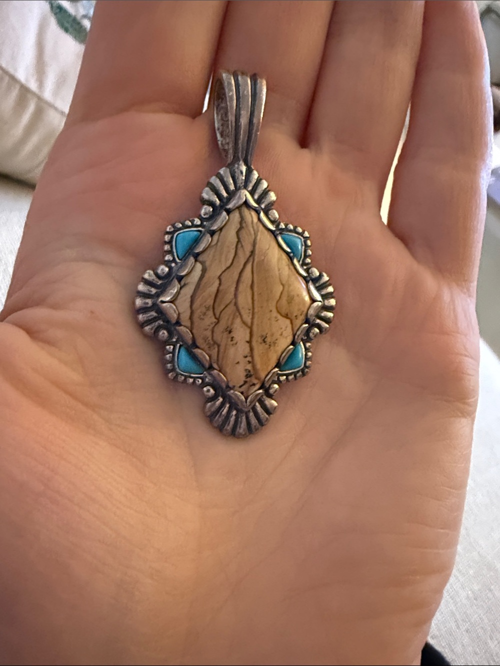 Beige Jasper and Turquoise Accent Silver Pendant - Western Style